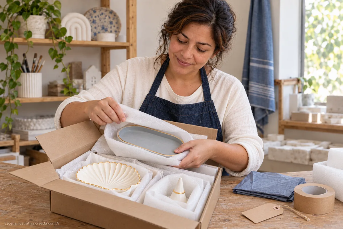 Artesana empacando piezas de yeso con protección individual