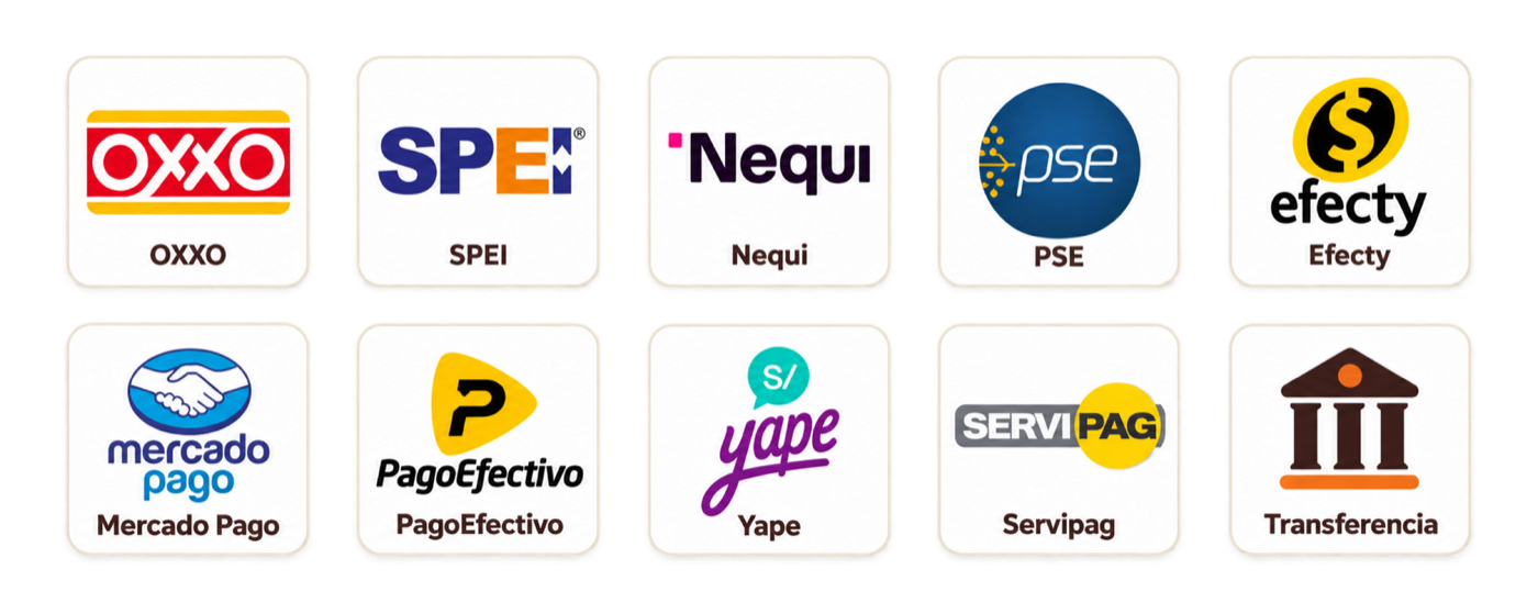 Opciones locales: OXXO, SPEI, Nequi, PSE, Efecty, Mercado Pago, PagoEfectivo, Yape y Servipag